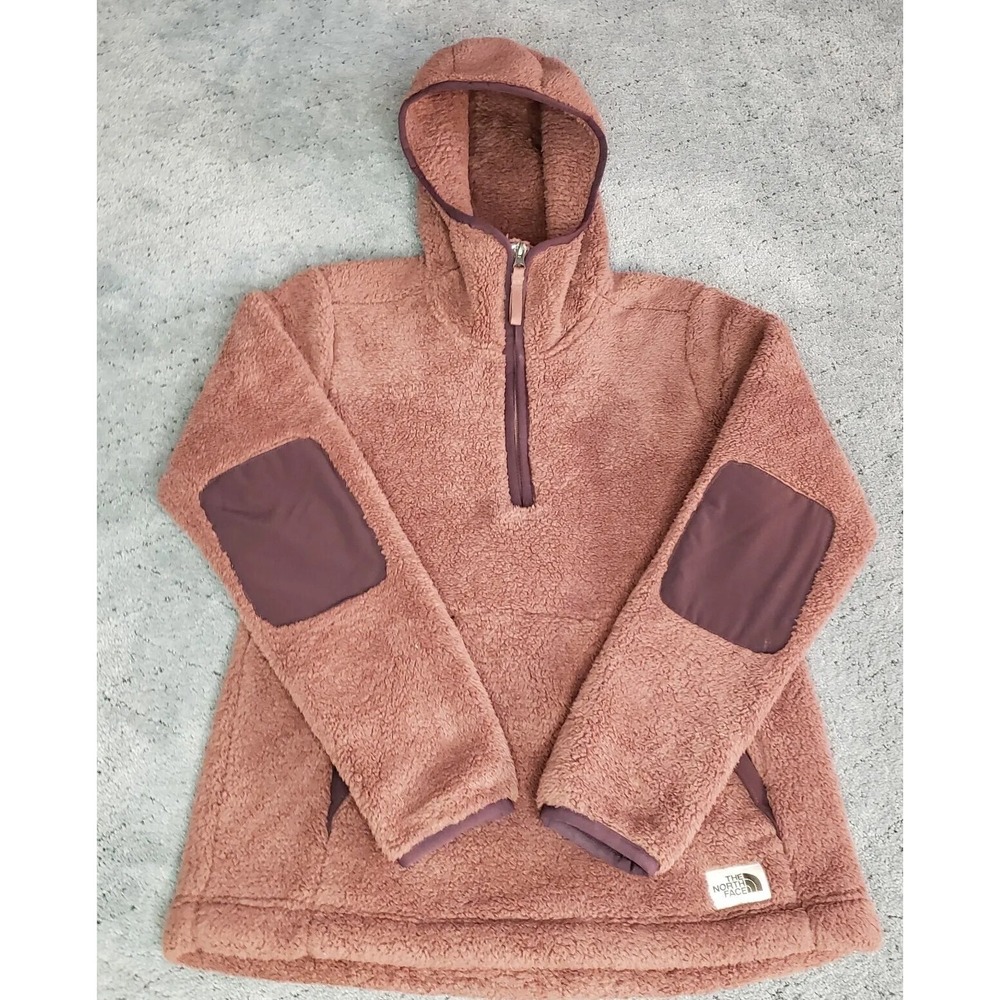 The North Face Jacket Womens S Brown Fleece 1/4 Zip Hooded Elbow Patches Pockets